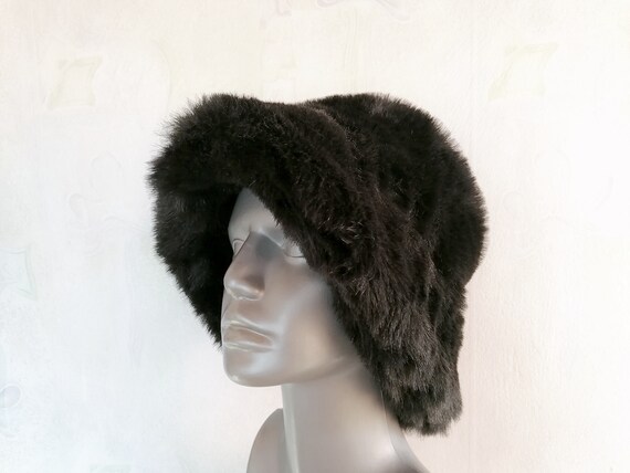 Vintage Winter Hat, Eco Fur Hat, Black Bucket Faux