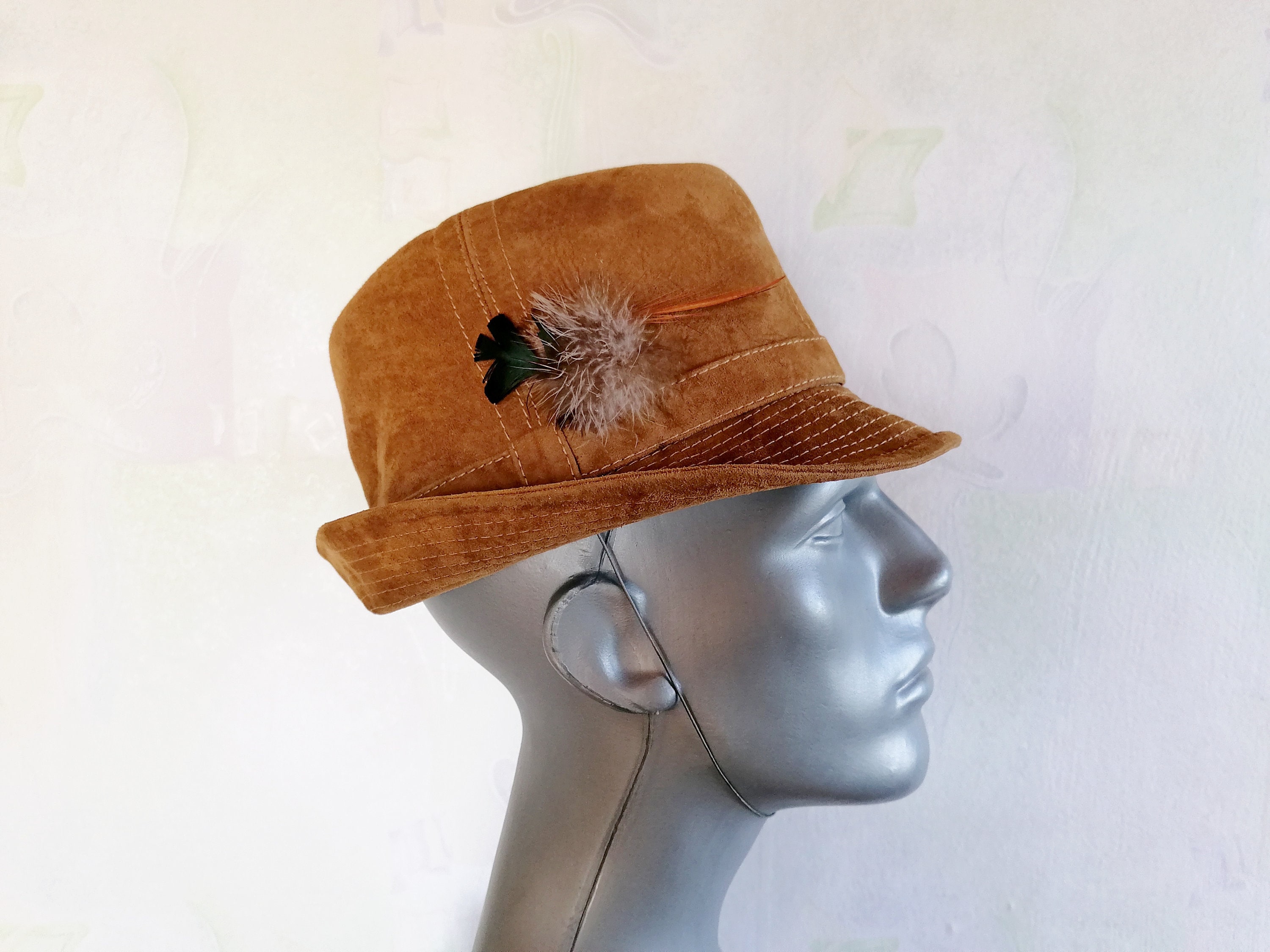 Vintage Leather Hunting Hat, Vermeulen Men's Hat, Light Brown Suede Hat, German Hat, Oktoberfest Hat with Feathers, Hat for Him