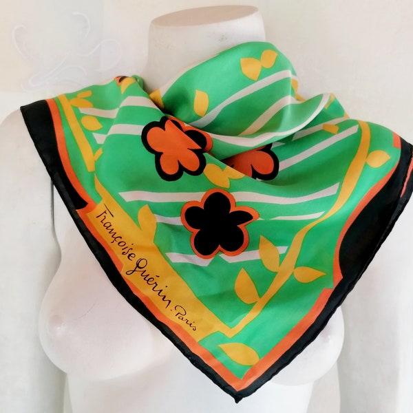 Vintage Francoise Guerin Paris Silk Floral Print Scarf Green Yellow Orange Black Floral Scarf, Vintage Women's Silk Neck Scarf Headscarf