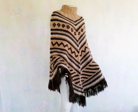 Vintage Hand Knitted Poncho, Wool Turtleneck Ponch