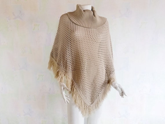 Women's Poncho, Vintage Knitted Poncho, Turtleneck