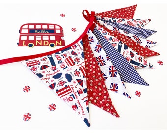 London party bunting with Union Jacks, red buses and Big Ben by Nessa Foye Designs