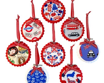 British ornaments with Crowns, Union Jacks and London icons by Nessa Foye Designs