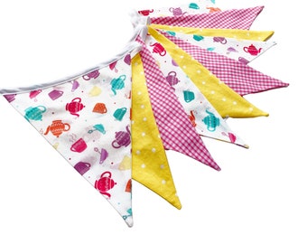 Tea party bunting with teapots and teacups in pink and yellow