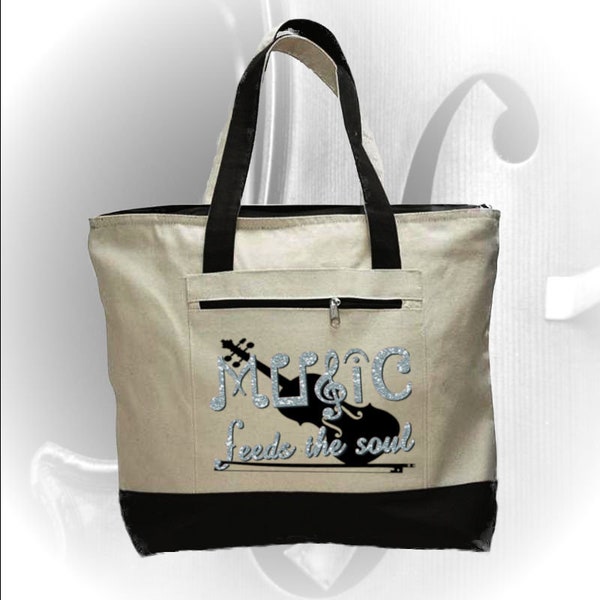 Zippered Canvas Tote for Sheet Music and Musicians, Music Feeds the Soul Music Bag with Violin