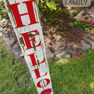 HELLO Welcome Sign, vertical hanging, Red or Blue or Black