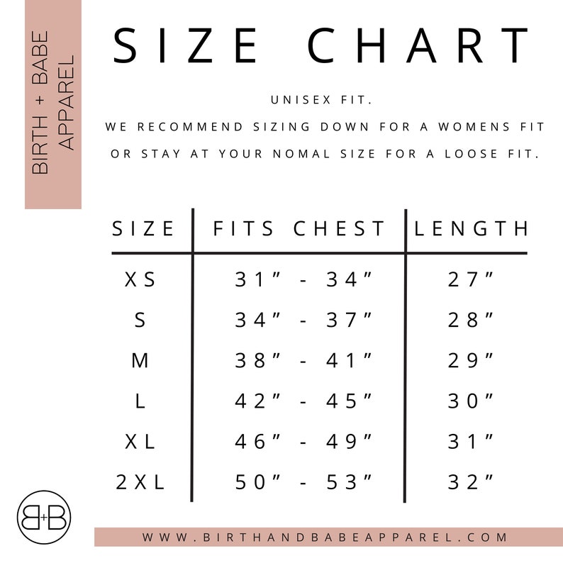 May include: Size chart for unisex clothing with measurements in inches. The chart shows sizes XS through 2XL with corresponding chest and length measurements.