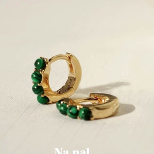 Malachite Stone Huggie Earrings, Green Malachite Hoop Earrings, Dainty Small Hoop Huggie, Natural Malachite Stone Earrings