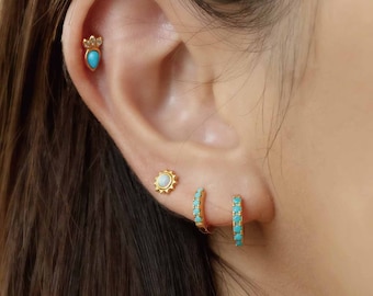 Small Turquoise Earrings, Blue Turquoise Gemstone Huggies Hoops, 18K Gold Silver925, Boho Hoop Earrings, Turquoise Stone Hoop Huggies
