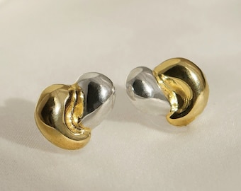 Mixed Gold and Silver Two-Tone Studs, Twisted Heart Stud Earrings, Two-Tone Heart Earrings, Gold and Silver Earrings, Modern Jewelry