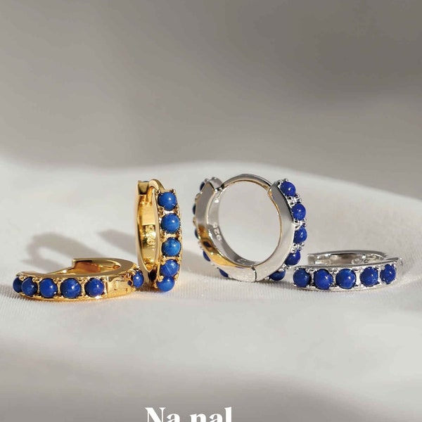 Lapis lazuli Hoop Earrings, Lapis Huggie Earrings, Natural Lapis lazuli Stone Hoop Earrings 18K Gold plated Silver Jewelry