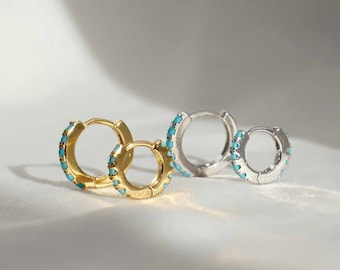 Turquoise Earrings, Blue Turquoise Gemstone Huggies Hoops, 18K Gold Silver925, Boho Hoop Earrings, Small Turquoise Stone Hoop Huggies