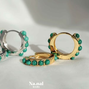 Malachite Huggie Earrings, Green Malachite Hoop Earrings, Big Hoop Huggie, Natural Malachite Stone Earrings
