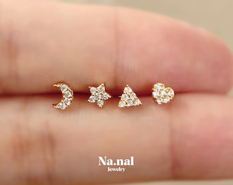 Tiny Earring Set of 4, Mismatched Earrings Set, Moon Star Triangle Heart Stud Earring Set 4, Celestial Stud Earrings in 18K Gold Silver925