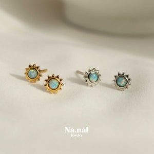 Sun Opal Stud Earrings, Sunburst Opal Studs, Celestial Star Blue Opal Gemstone Earrings, Tiny Sun Earring, Celestial Blue Opal Jewelry