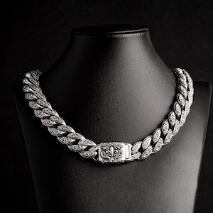 Floral Cuban Chain Link Necklace - Sterling Silver 925