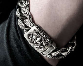 Blumiges kubanisches Gliederarmband: oxidiertes Sterlingsilber 925, kunstvolles Spiralmuster für Herren