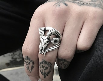Oxidized Sterling Silver Ram Skull Ring: Mens Biker Jewelry