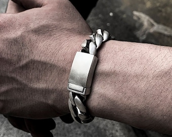 Oxidized Sterling Silver Cuban Link Bracelet - Heavy Chain for Men