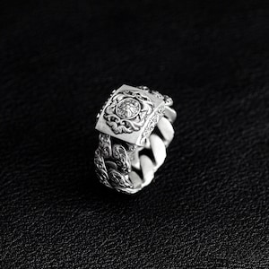 Floral cuban chain link ring no.3 - sterling silver 925, oxidized matte, floral ring, floral pattern ring, silver chain ring