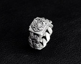 Oxidized Sterling Silver Floral Cuban Chain Ring 2