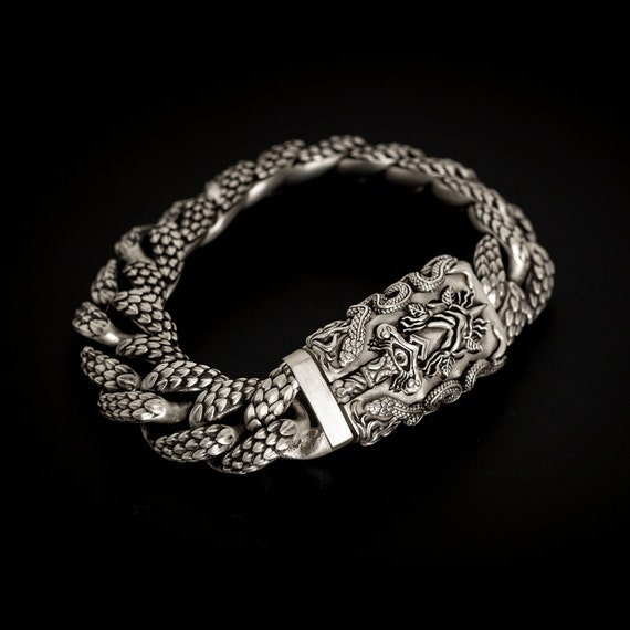 Dagger and Rose Snake Chain Link Bracelet - Sterling Silver 925