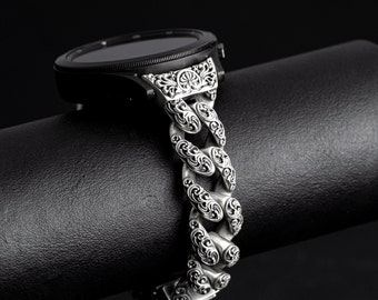 Floral Sterling Silver Galaxy Watch Band - Oxidized Matte Welded Chain