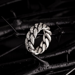 Floral cuban chain link ring - sterling silver 925, floral ring, floral pattern ring, silver chain ring
