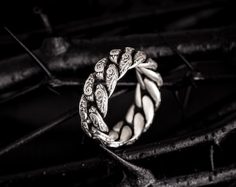 Floral Cuban Chain Link Ring - Oxidized Sterling Silver 925