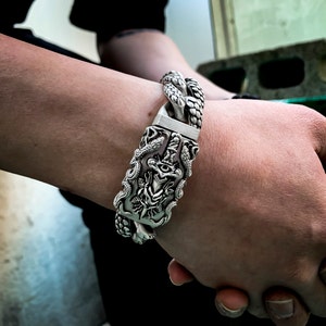 Dagger and rose snake chain link bracelet - sterling silver 925 full solid heavy man's men's bracelet all welded chains oxidized matte