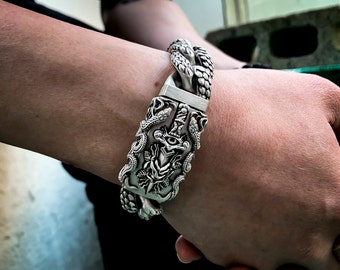 Dagger and rose snake chain link bracelet - sterling silver 925 full solid heavy man's men's bracelet