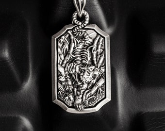 Oxidized Sterling Silver Tiger Pendant: Korean Oriental Bamboo Necklace
