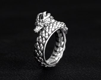 Helix dragon ring - sterling silver 925 oxidized lucky protect solid heavy
