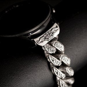 Galaxy watch floral chain strap band oxidized matte - sterling silver 925, 20mm, galaxywatch 7, 6, 6classic, 5, 5pro, 4, 4classic