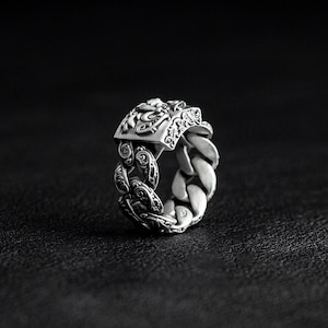 Floral cuban chain link ring no.2 - sterling silver 925, oxidized matte, floral ring, floral pattern ring, silver chain ring