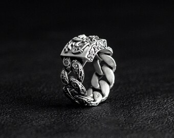 Oxidized Sterling Silver Floral Cuban Chain Ring
