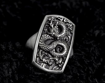 Oxidized Sterling Silver Dragon Ring - Korean Oriental Design