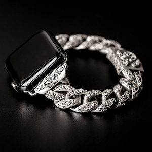Apple watch band floral chains matte strap 38mm, 40mm, 41mm, 42mm, 44mm, 45mm, 46mm, 49mm sterling silver925 floral chain full link bracelet