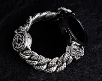 Sterling Silver Ouroboros Snake Chain Galaxy Watch Band - Oxidized Matte