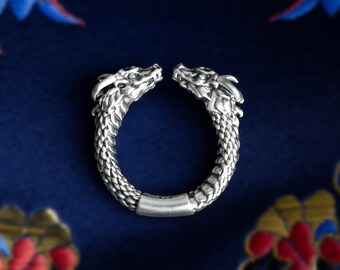 Dragon open ring - sterling silver 925 oxidized solid heavy