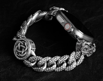 Apple watch double snake chain ouroboros band strap 38mm 40mm 41mm 42mm 44mm 45mm 49mm sterling silver 925 oxidized matte heavy solid chains