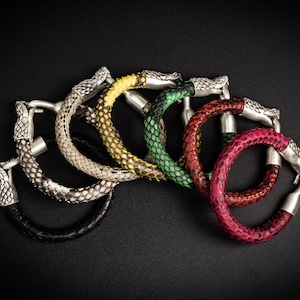 Natural python leather bracelet snake hook - sterling silver 925, man&#39;s snake bracelet, unisex leather bracelets, leather bracelet for woman