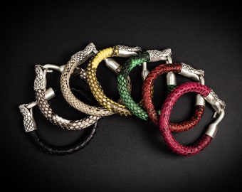 Bracelet en cuir de python naturel crochet serpent - argent sterling 925, bracelet serpent homme, bracelets en cuir unisexe, bracelet en cuir pour femme