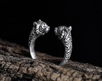 Black tiger open ring - sterling silver 925, oxidized matte