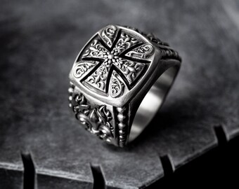 Big floral ring - sterling silver 925, oxidized matte, glossy, solid silver, men's man's