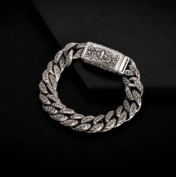 アクセサリー CHAIN BRACELET 'RIVIERA' Floral Cuban Chain Bracelet Slim - Sterling Silver 925