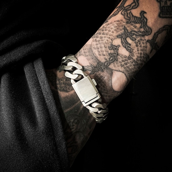 Sterling Silver 925 Chamfer Link Chain Bracelet - Heavy