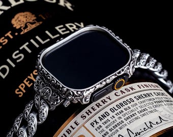 Apple watch ultra 1,2 floral cover case - sterling silver 925 oxidized matte 49mm