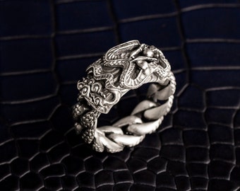 Oxidized Sterling Silver Dragon Chain Ring - Korean Numen Style