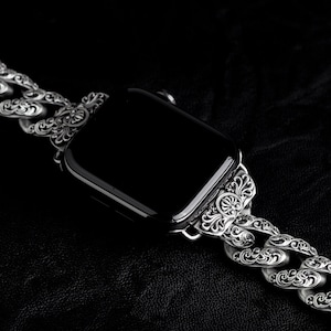Apple watch band floral chains matte strap No.2 - 38mm, 40mm, 41mm, 42mm, 44mm, 45mm, 49mm sterling silver 925 solid chain links bracelet
